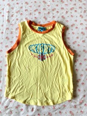 omighty Yellow Tank with Orange Trim and Blue Logo